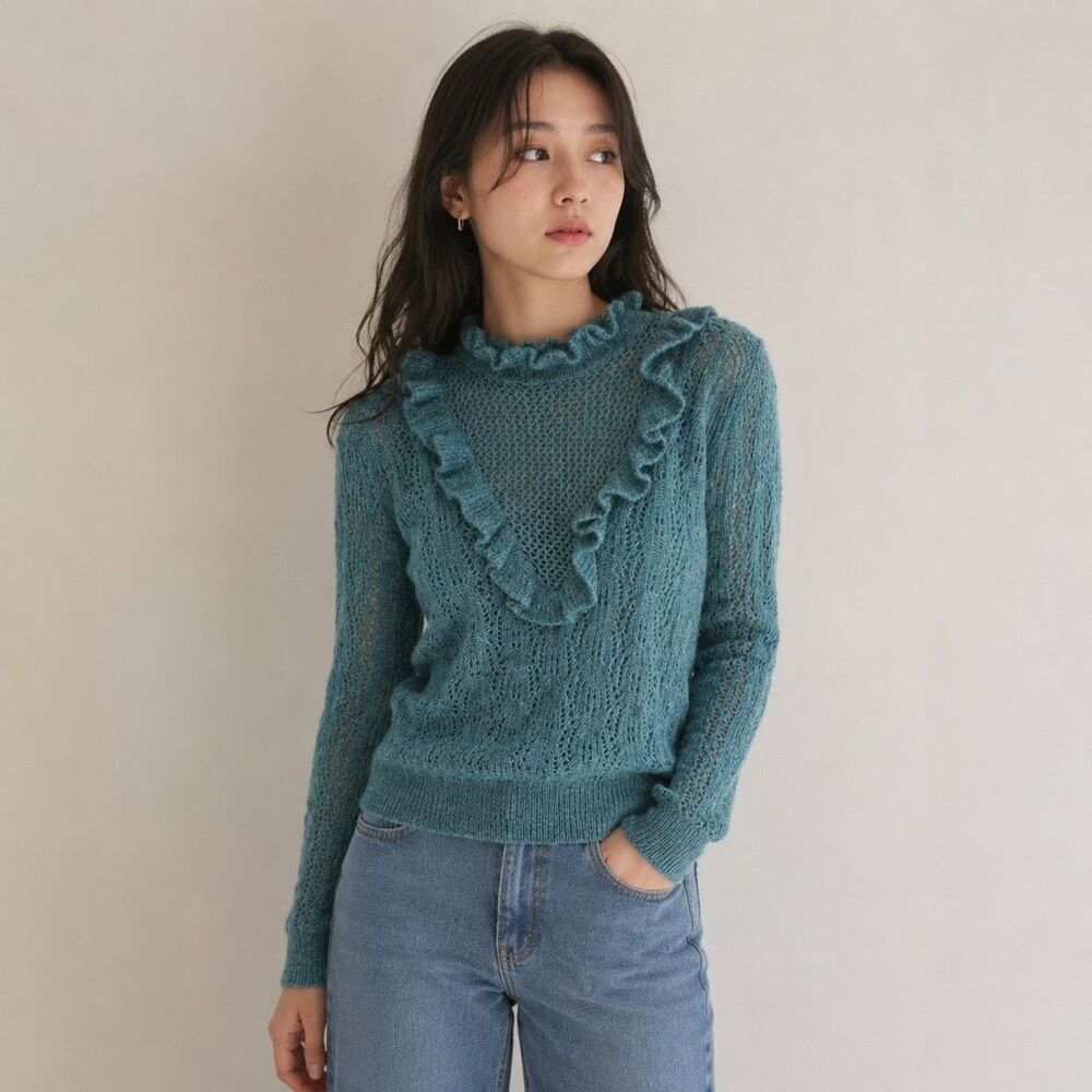 Bishop & Young Anthropologie Ruffle Neck Sweater Wool Blend Small Women